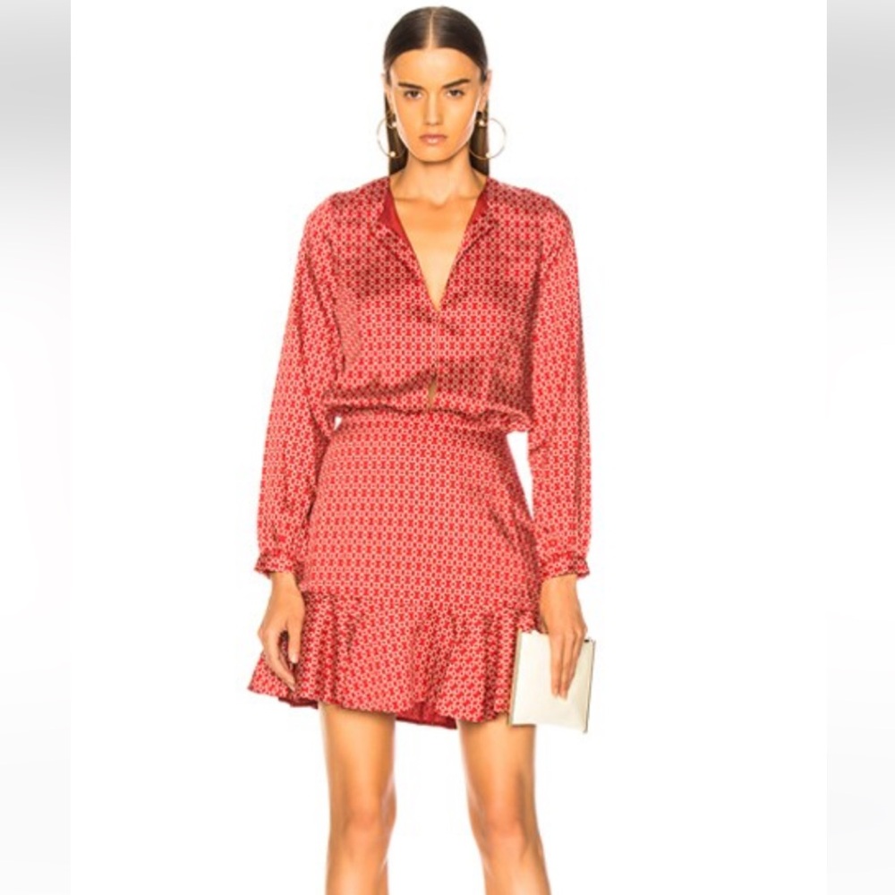 Alexis Coretti Printed Flounce Long Sleeve Satin Mini Dress Size Small Red White